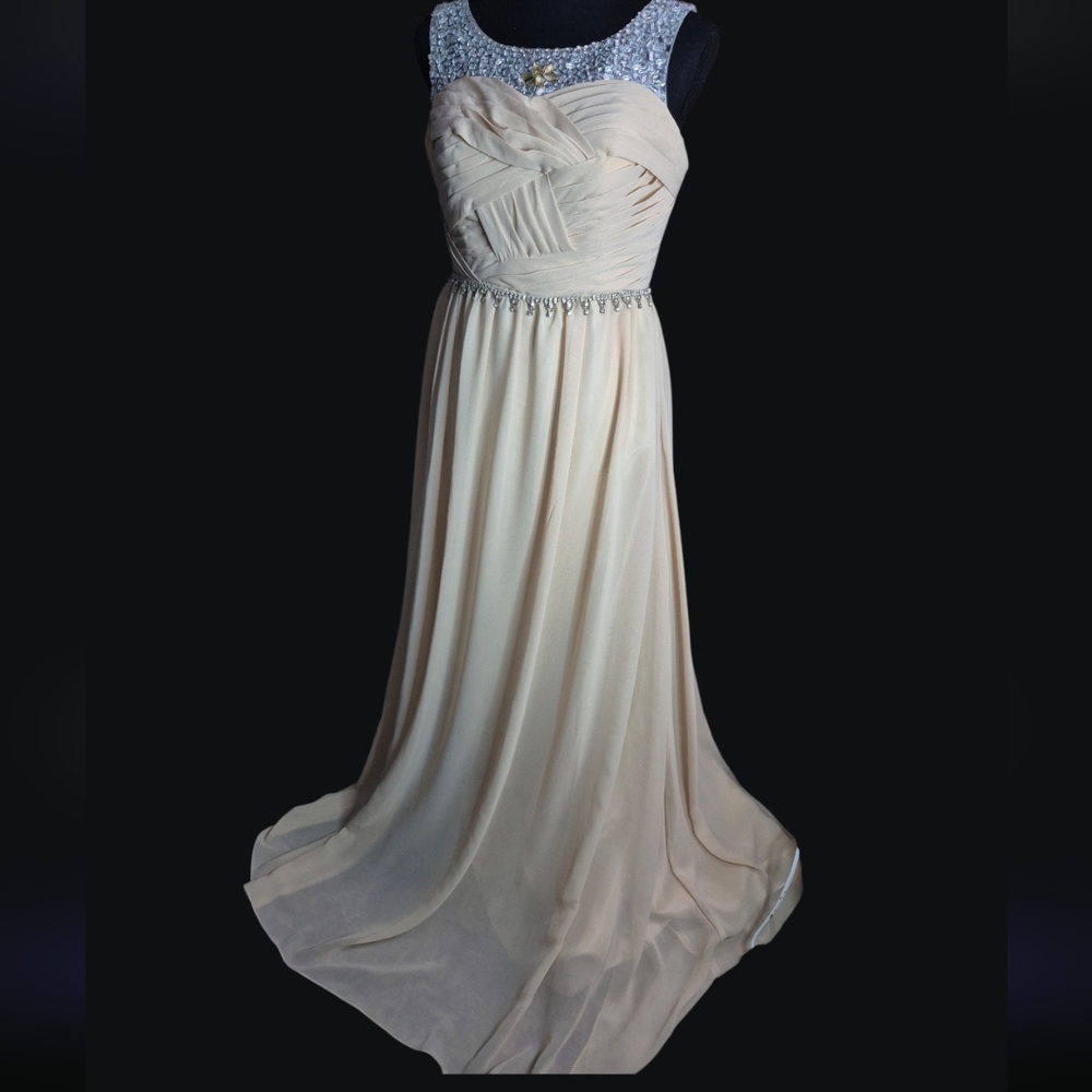 Vintage Glam Elegant Beaded Chiffon Ivory/Champagne Sweep Train Formal Gown S12